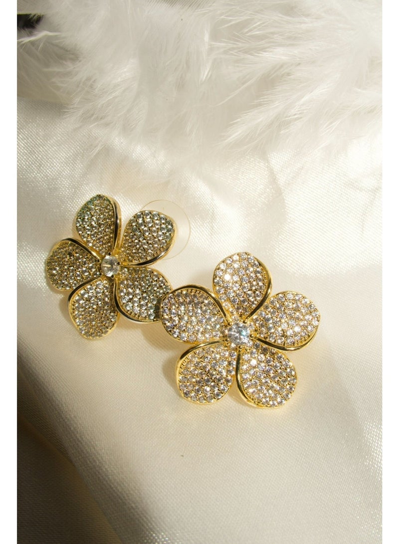 1une 14K Golden  Earrings ''Beauty'' Flower Stainless Steel, Zirconia Stones - Image 1